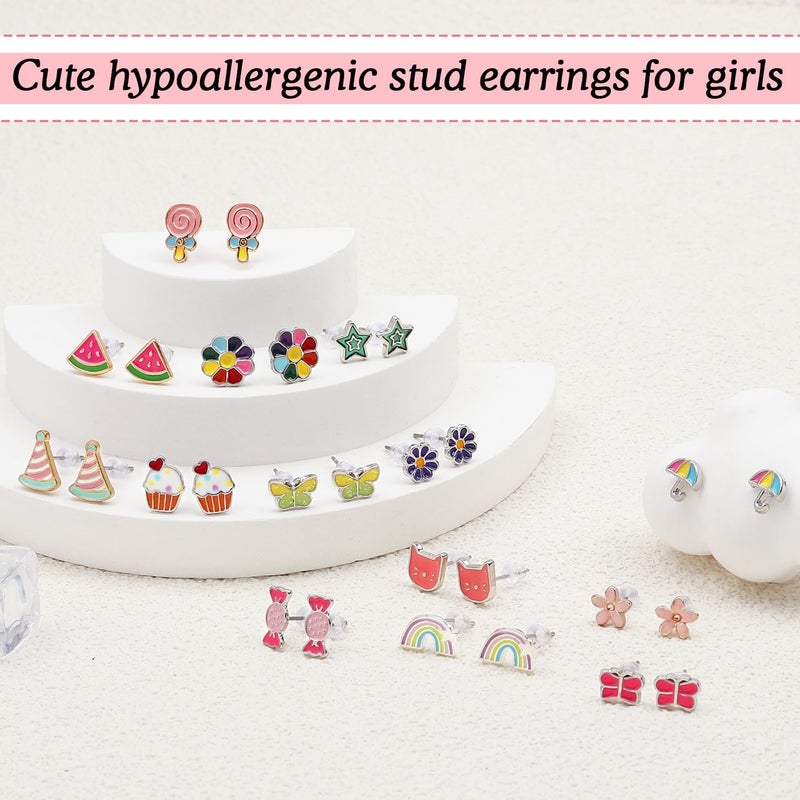 Asivsa 24 Pairs Hypoallergenic Stud Earrings for Girls Kids Cute Stainless Steel Earrings Fun Mushroom Butterfly Flower Rainbow Frog Earrings Set Jewelry for Little Girls Women - Image 3